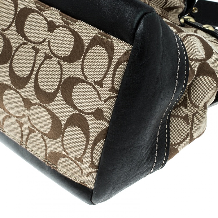 Pre Owned Coach Beige/Black Signature Canvas and Leather Tote