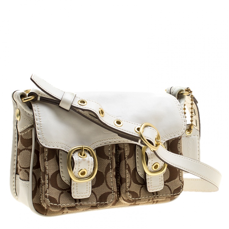 Pre Owned Coach White/Beige Signature Canvas and Leather Crossbody Bag