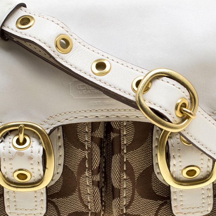 Pre Owned Coach White/Beige Signature Canvas and Leather Crossbody Bag