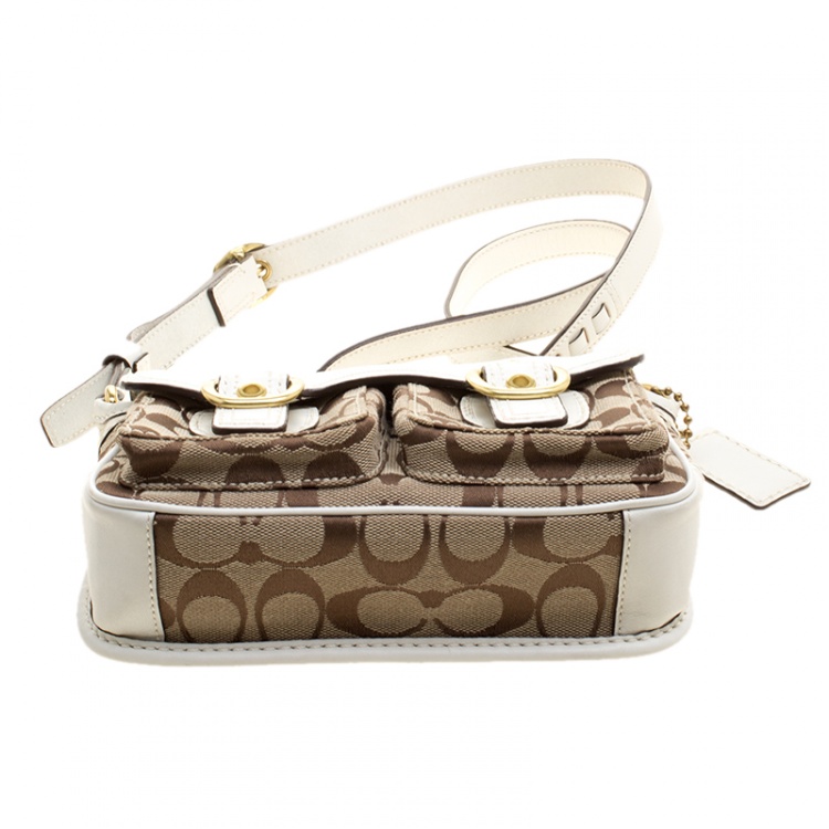 Pre Owned Coach White/Beige Signature Canvas and Leather Crossbody Bag