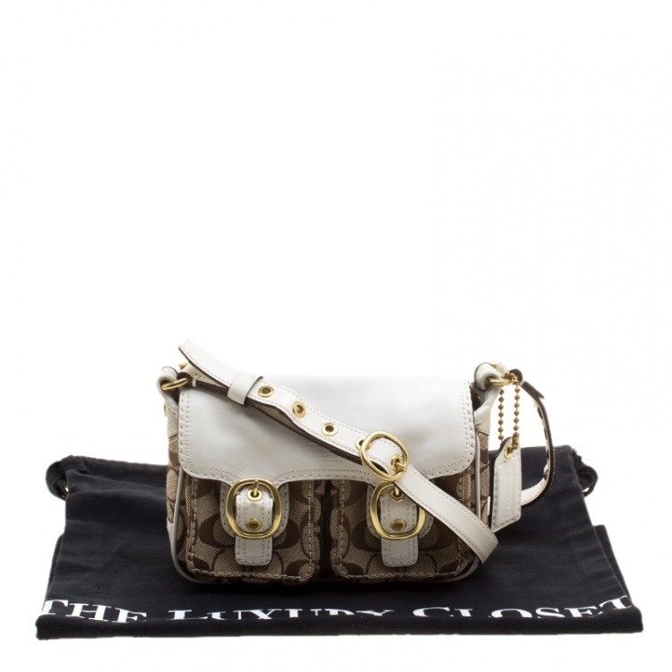 Pre Owned Coach White/Beige Signature Canvas and Leather Crossbody Bag