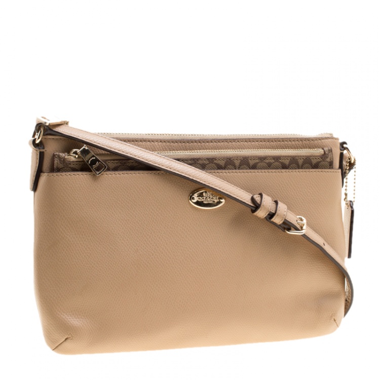 Pre Owned Coach Light Brown Leather East/West Pop Up Pouch Crossbody Bag