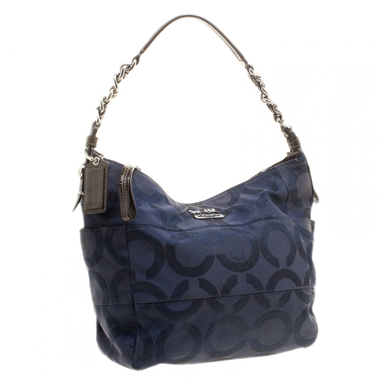 Pre Owned Coach Blue/Brown Shimmering Signature Canvas and Patent Leather Hobo