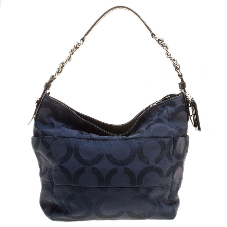 Pre Owned Coach Blue/Brown Shimmering Signature Canvas and Patent Leather Hobo