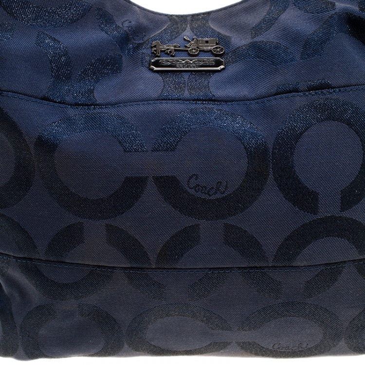 Pre Owned Coach Blue/Brown Shimmering Signature Canvas and Patent Leather Hobo