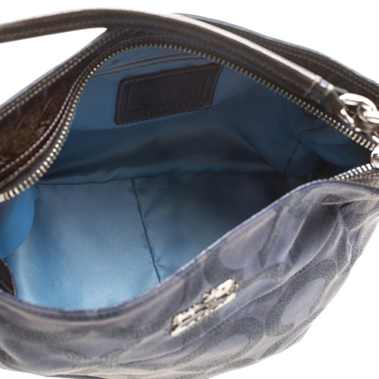 Pre Owned Coach Blue/Brown Shimmering Signature Canvas and Patent Leather Hobo