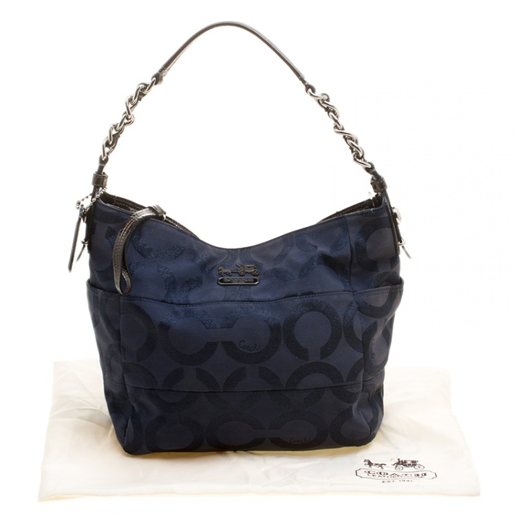 Pre Owned Coach Blue/Brown Shimmering Signature Canvas and Patent Leather Hobo