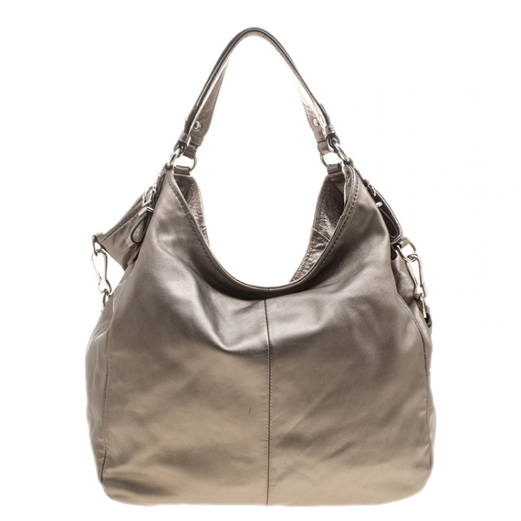 Pre Owned Coach Metallic Beige Leather Shoulder Bag