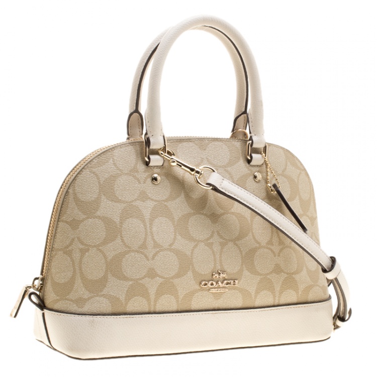Pre Owned Coach Beige/White Signature Coated Canvas and Leather Sierra Satchel