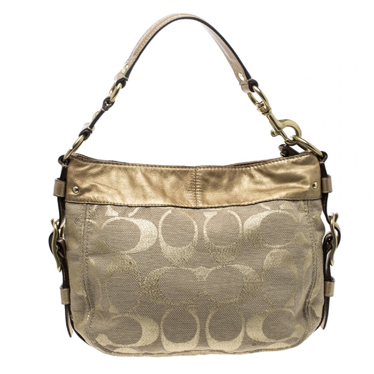 Pre Owned Coach Beige/Gold Canvas and Leather Hobo