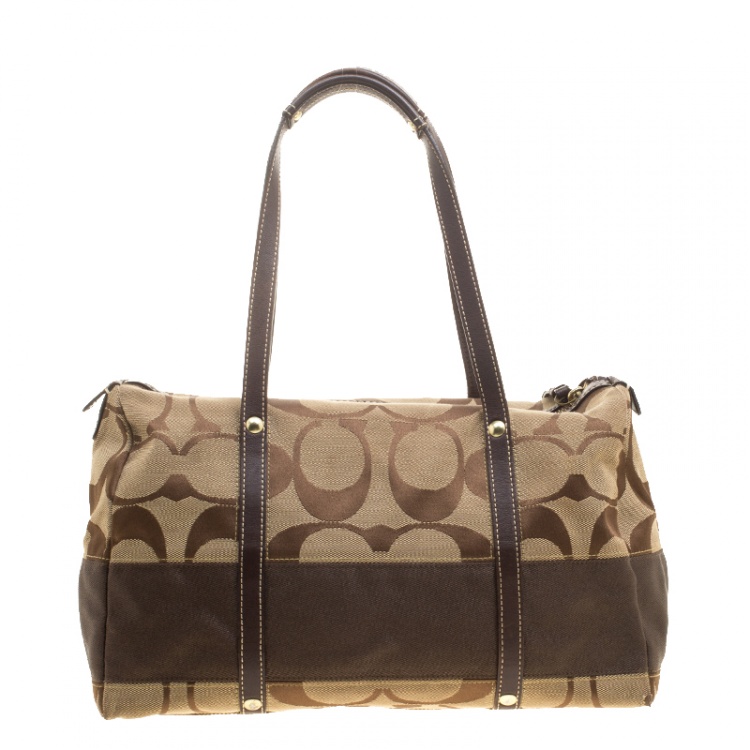 Pre Owned Coach Beige/Brown Signature Canvas and Leather Satchel