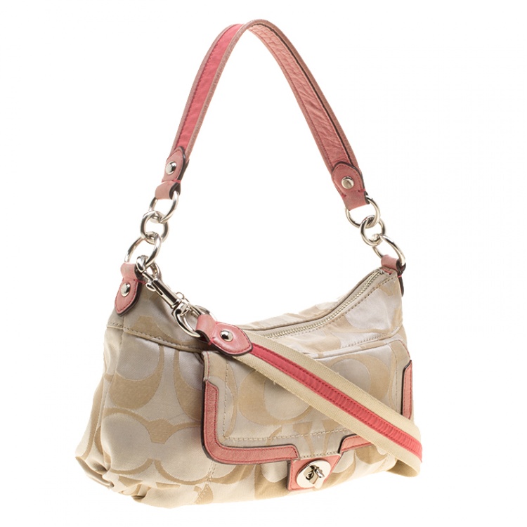 Pre Owned Coach Beige/Pink Signature Canvas and Leather Shoulder Bag