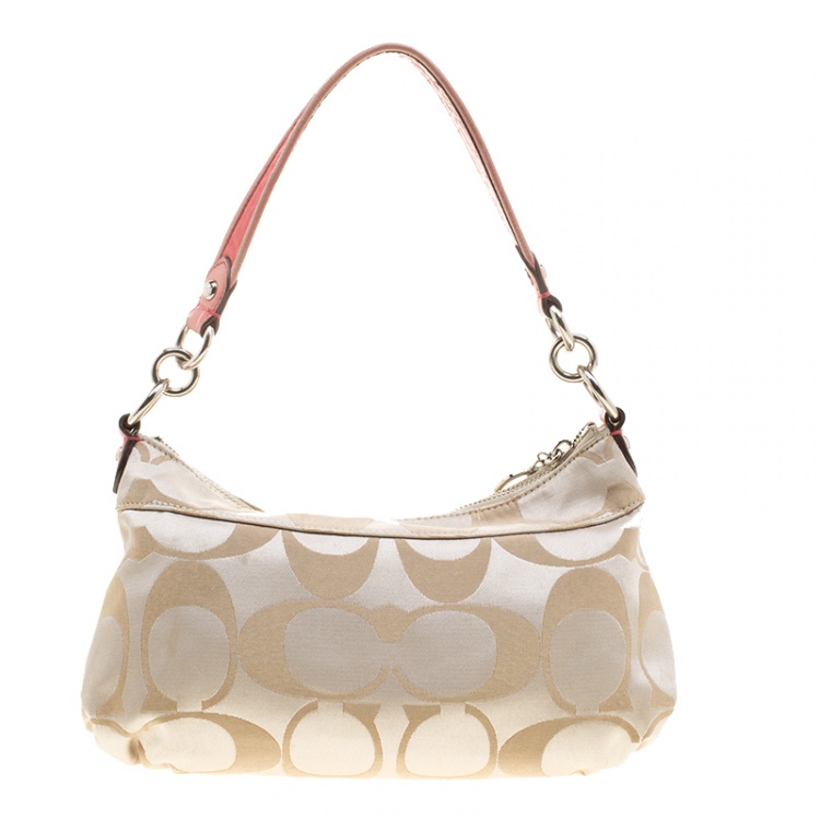 Pre Owned Coach Beige/Pink Signature Canvas and Leather Shoulder Bag