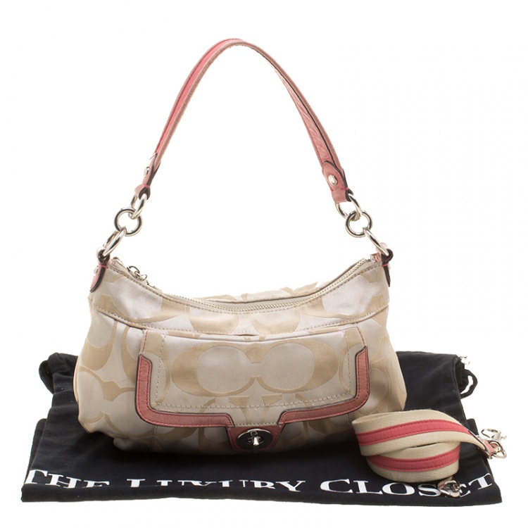 Pre Owned Coach Beige/Pink Signature Canvas and Leather Shoulder Bag