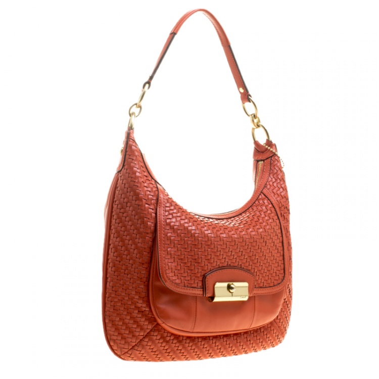 Pre Owned Coach Orange Woven Leather Kristin Hobo