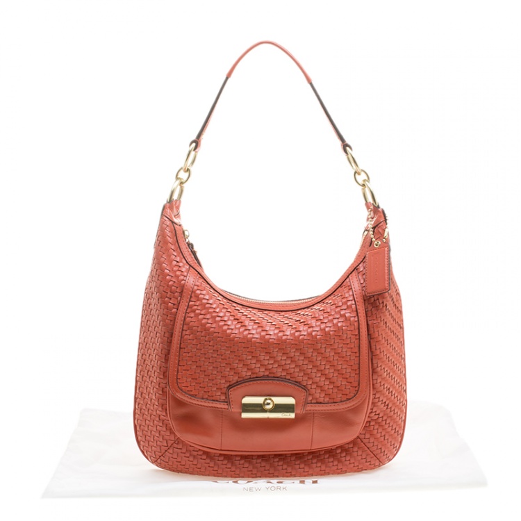 Pre Owned Coach Orange Woven Leather Kristin Hobo