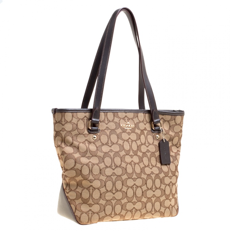 Pre Owned Coach Beige/Brown Signature Canvas and Leather Trim Tote