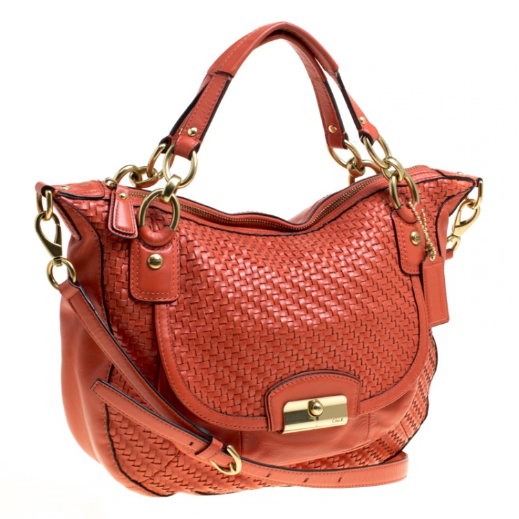 Pre Owned Coach Orange Leather and Woven Detail Kristin Shoulder Bag