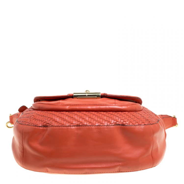 Pre Owned Coach Orange Leather and Woven Detail Kristin Shoulder Bag