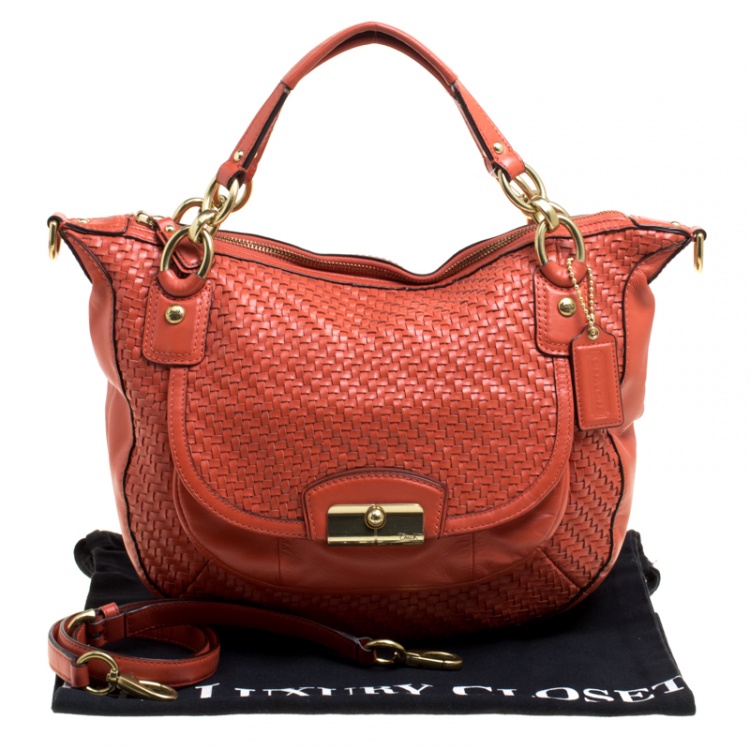 Pre Owned Coach Orange Leather and Woven Detail Kristin Shoulder Bag