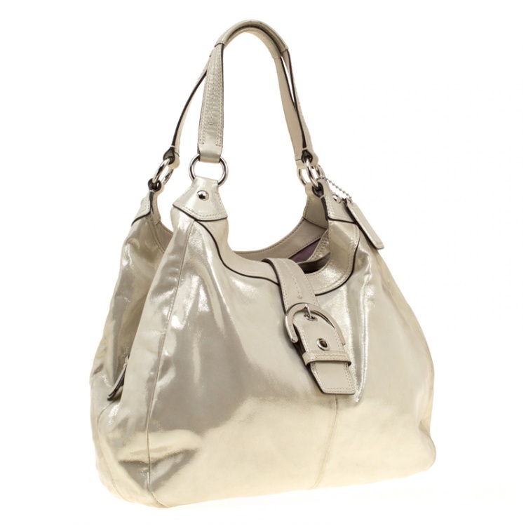 Pre Owned Coach Metallic Biege Shimmering Leather Maggie Shoulder Bag