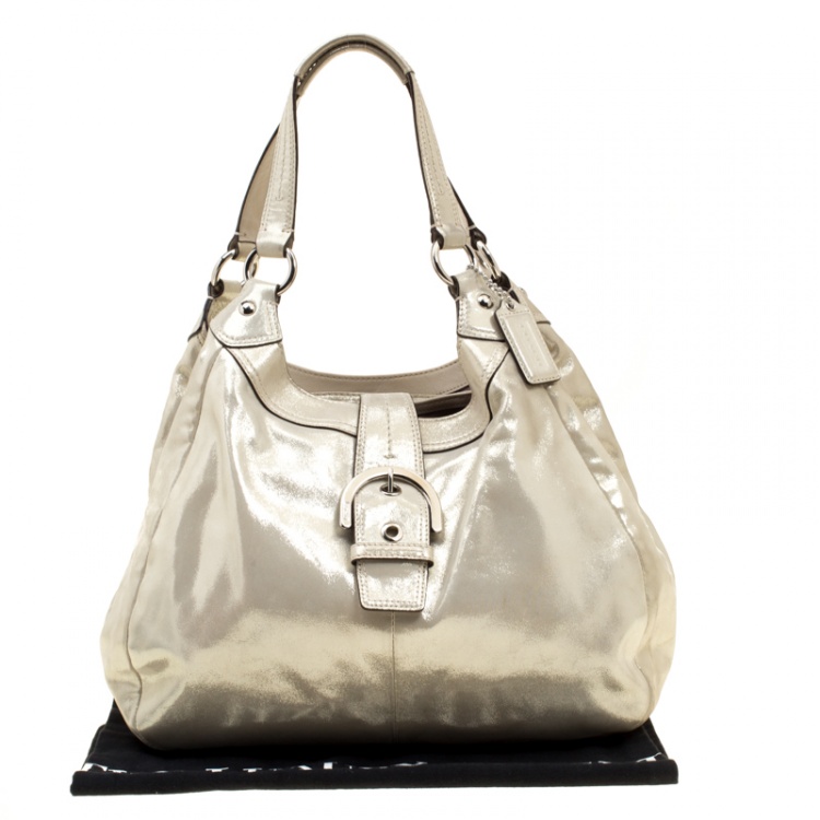 Pre Owned Coach Metallic Biege Shimmering Leather Maggie Shoulder Bag