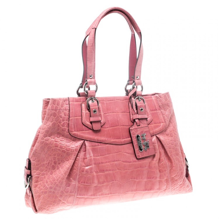 Pre Owned Coach Pink Croc Embossed Leather Ashley Tote