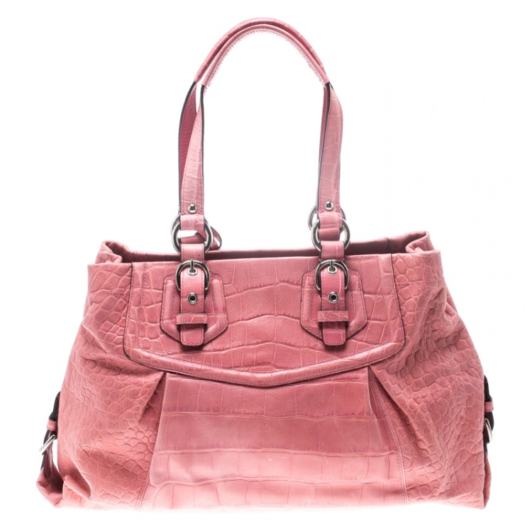 Pre Owned Coach Pink Croc Embossed Leather Ashley Tote
