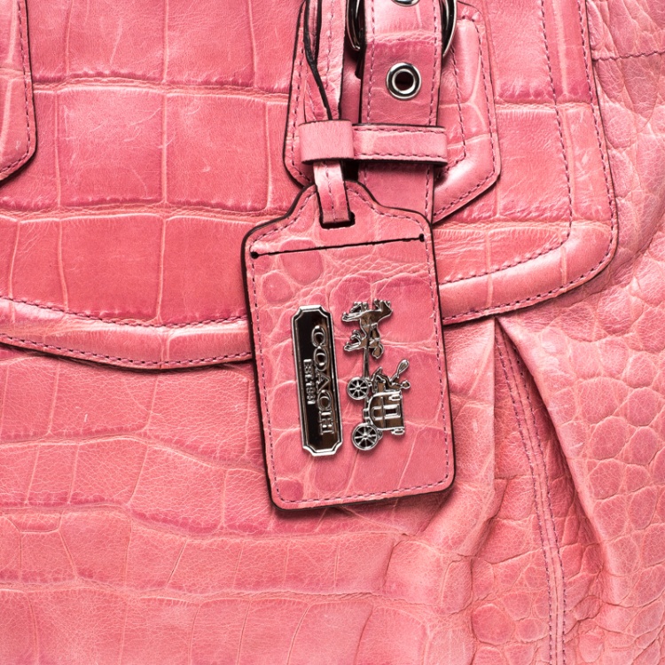 Pre Owned Coach Pink Croc Embossed Leather Ashley Tote