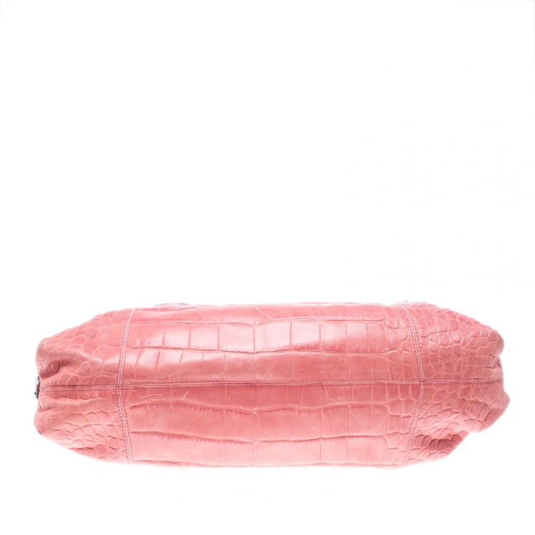 Pre Owned Coach Pink Croc Embossed Leather Ashley Tote