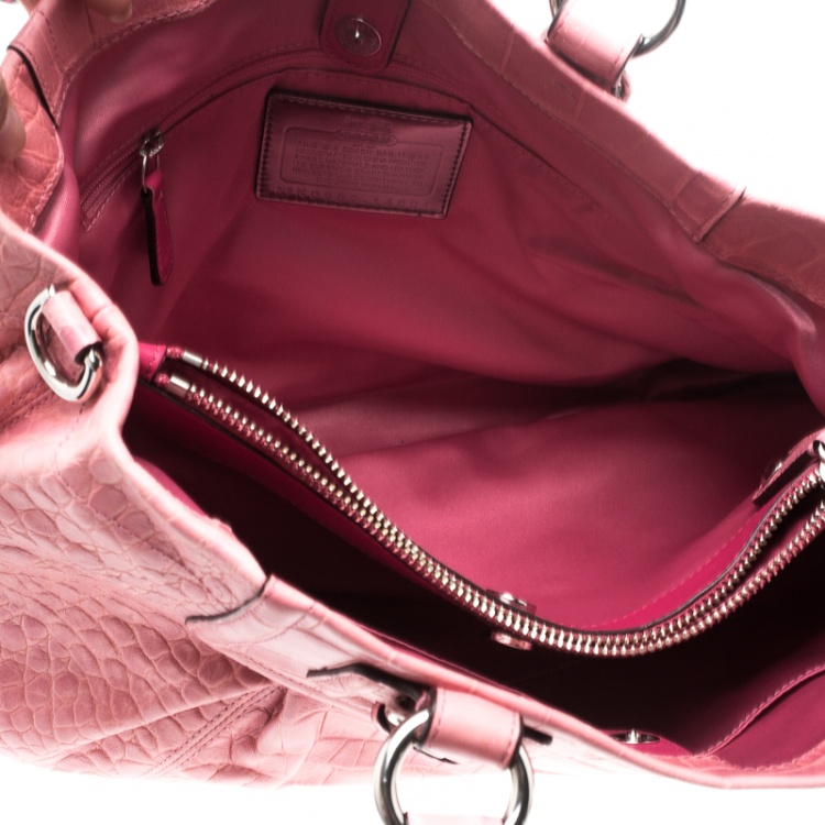 Pre Owned Coach Pink Croc Embossed Leather Ashley Tote