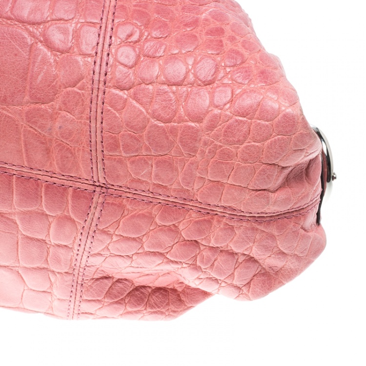 Pre Owned Coach Pink Croc Embossed Leather Ashley Tote
