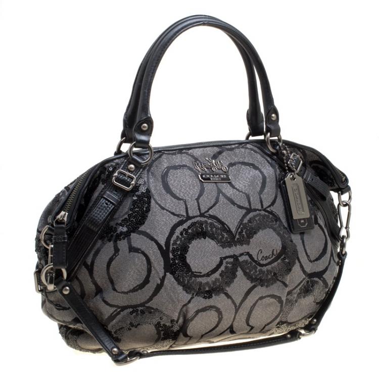 Pre Owned Coach Grey Fabric and Sequins Madison Op Art Sophia Satchel 