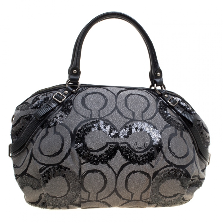 Pre Owned Coach Grey Fabric and Sequins Madison Op Art Sophia Satchel 