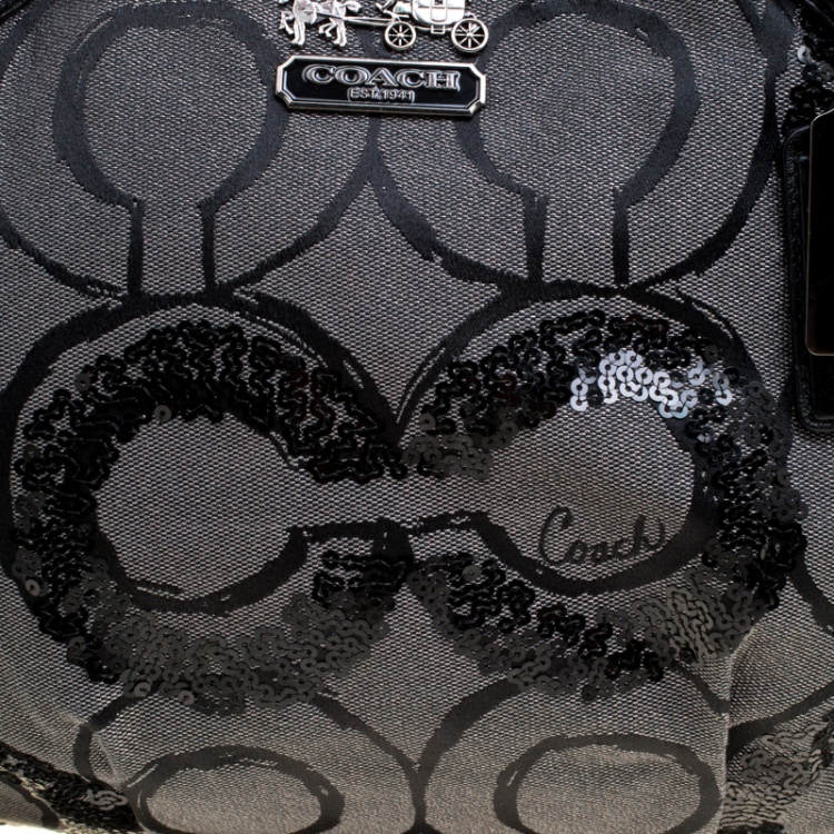 Pre Owned Coach Grey Fabric and Sequins Madison Op Art Sophia Satchel 