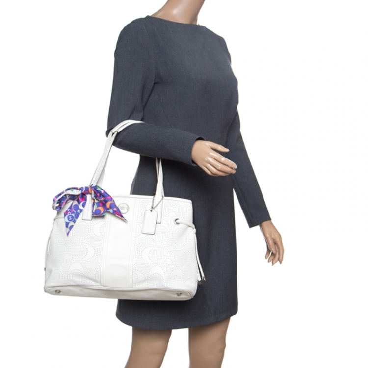 Pre Owned Coach White Perforated Leather Tote
