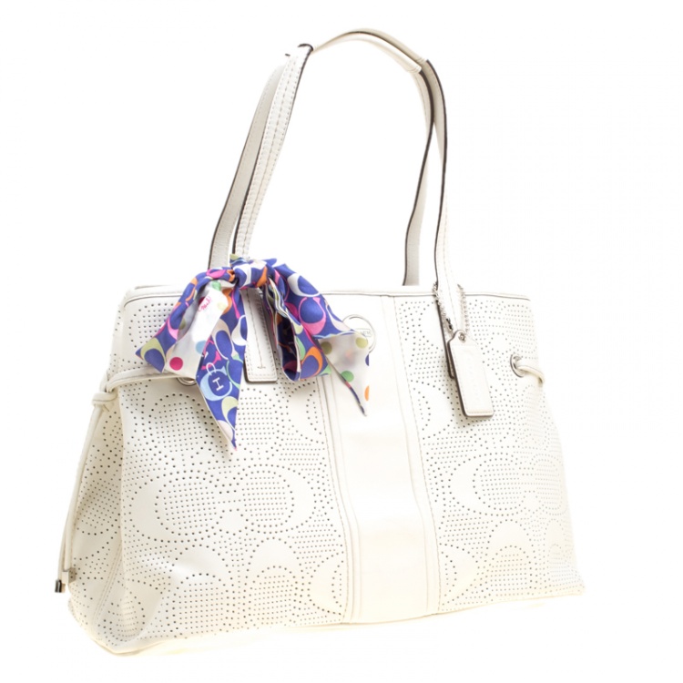 Pre Owned Coach White Perforated Leather Tote
