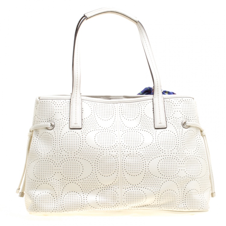 Pre Owned Coach White Perforated Leather Tote