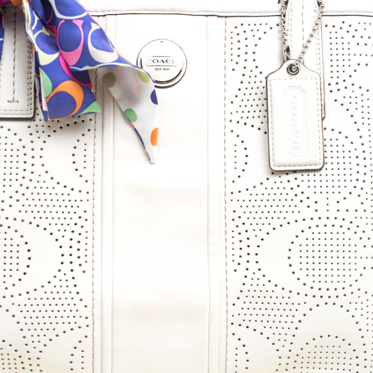 Pre Owned Coach White Perforated Leather Tote