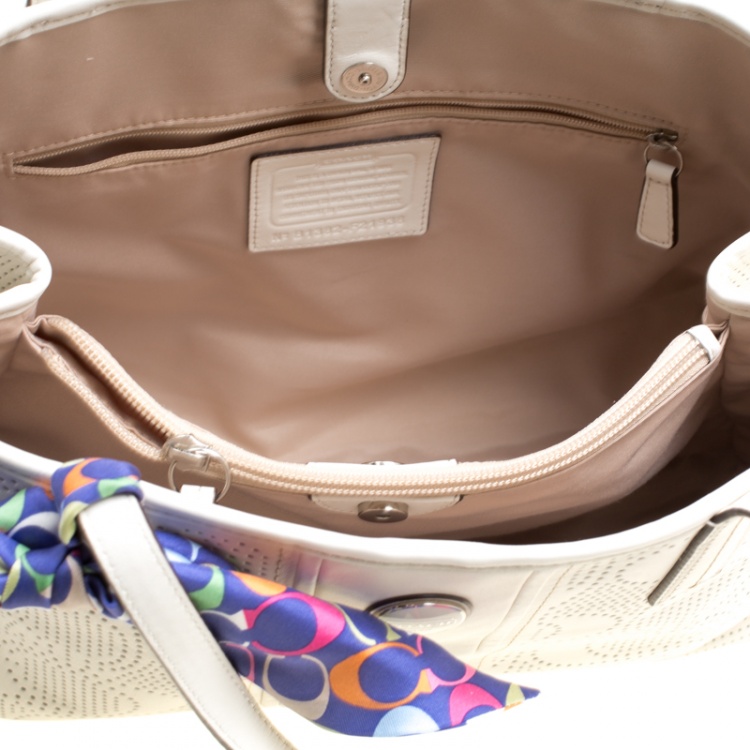 Pre Owned Coach White Perforated Leather Tote