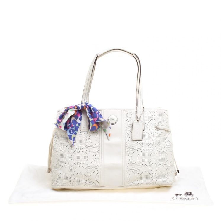 Pre Owned Coach White Perforated Leather Tote