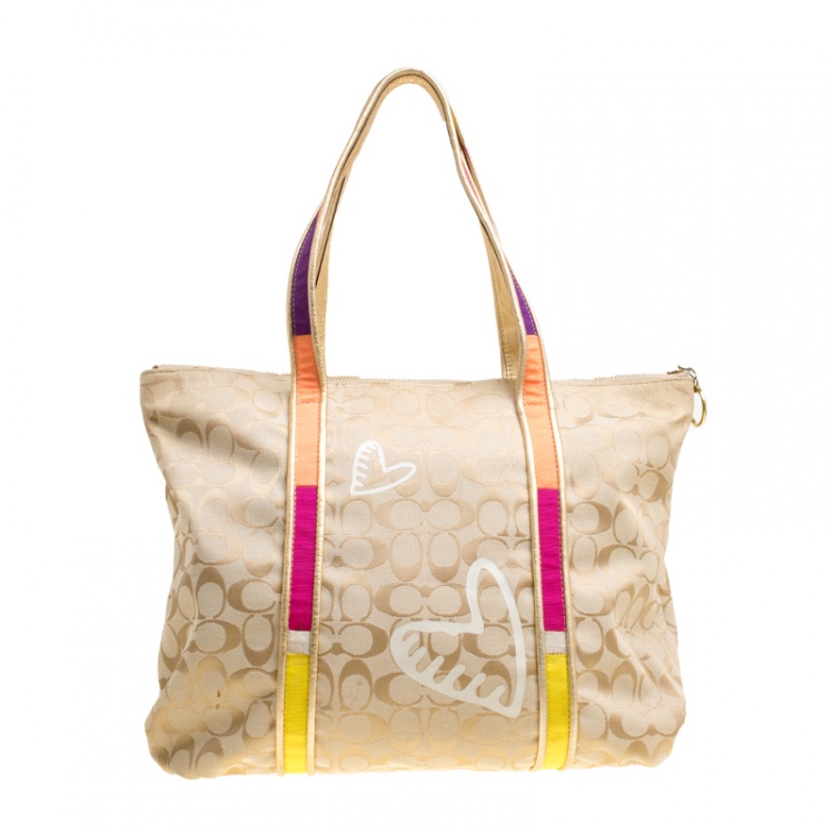 Pre Owned Coach Beige Signature  Canvas Poppy Graffiti Glam Tote