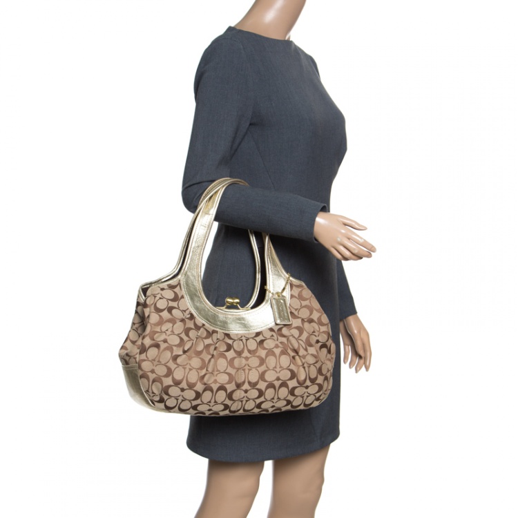 مملوكة مسبقًا Coach Beige/Gold Canvas and Leather Kisslock Frame Tote