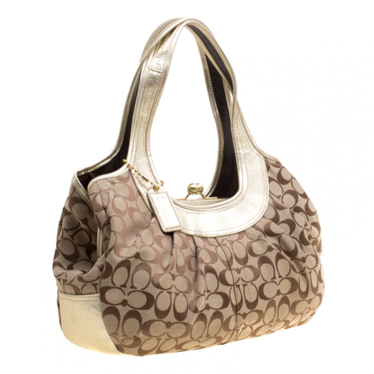 مملوكة مسبقًا Coach Beige/Gold Canvas and Leather Kisslock Frame Tote