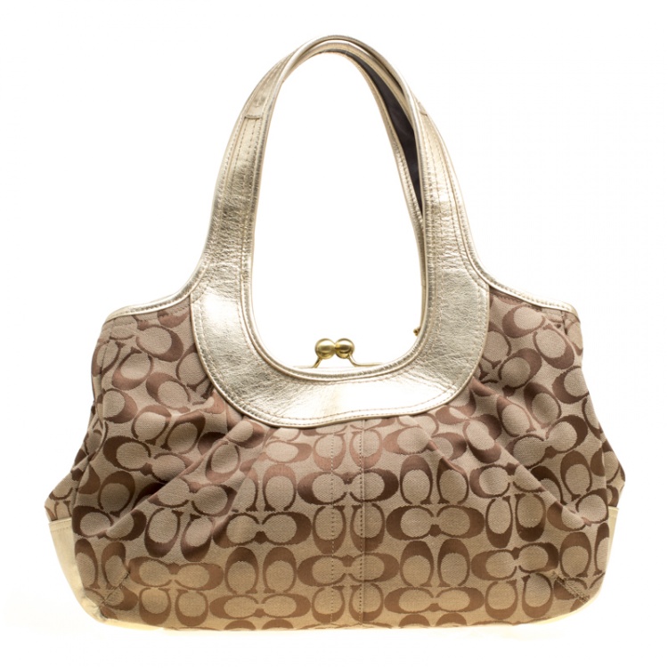 مملوكة مسبقًا Coach Beige/Gold Canvas and Leather Kisslock Frame Tote