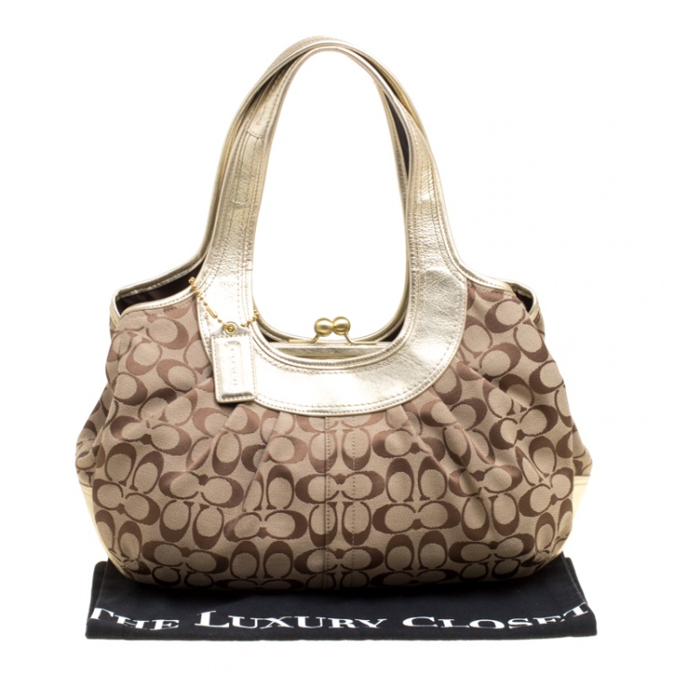 مملوكة مسبقًا Coach Beige/Gold Canvas and Leather Kisslock Frame Tote