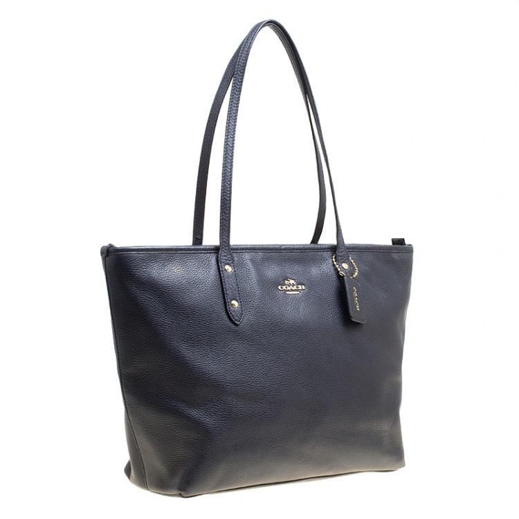 Pre Owned Coach Navy Blue Leather Shopper Tote