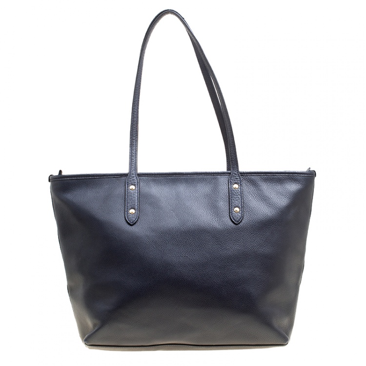 Pre Owned Coach Navy Blue Leather Shopper Tote