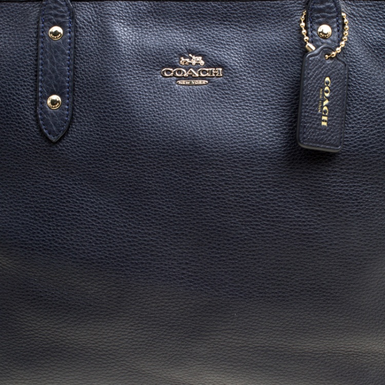 Pre Owned Coach Navy Blue Leather Shopper Tote