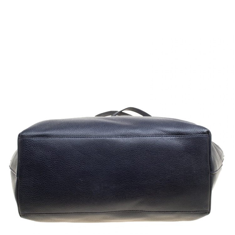 Pre Owned Coach Navy Blue Leather Shopper Tote